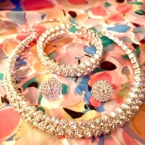 New Silver Rhinestone Necklace, Bracelet & Earrings 4 Piece Jewelry Set